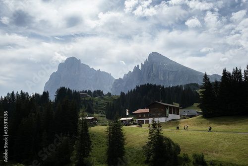 The cable car Florian at the Seiser Alm with the mountain Langkofel and Plattkofel in the background.