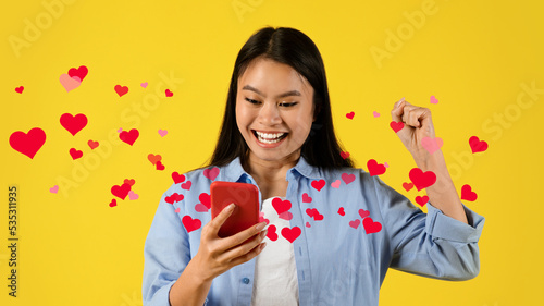 Glad excited young chinese lady looking at smartphone, collage