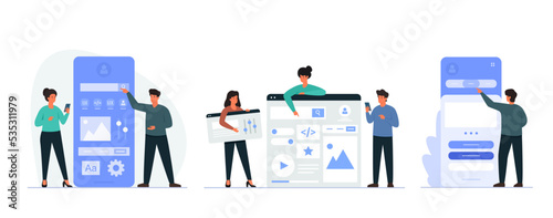 Set of UI and UX design concepts with designers creating functional web interface design for website or application. Flat vector illustration isolated on white background.