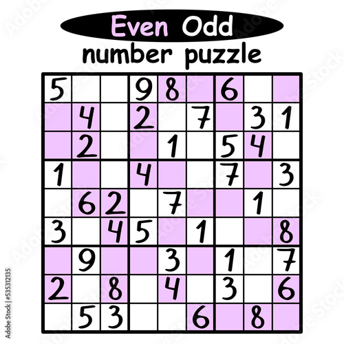 Even Odd sudoku game for beginners vector illustration. Solve the game by sudoku rules and place the even numbers on lilac cells and odd numbers on white cells