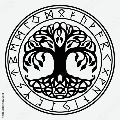 Yggdrasil, the tree of life. Vikings symbol Odin,with futhark runes 