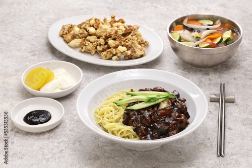 Jajangmyeon and Tangsuyuk are a popular Korean Chinese dish known as Korean black bean noodles and Korean sweet and sour pork (separate dish version). © uckyo
