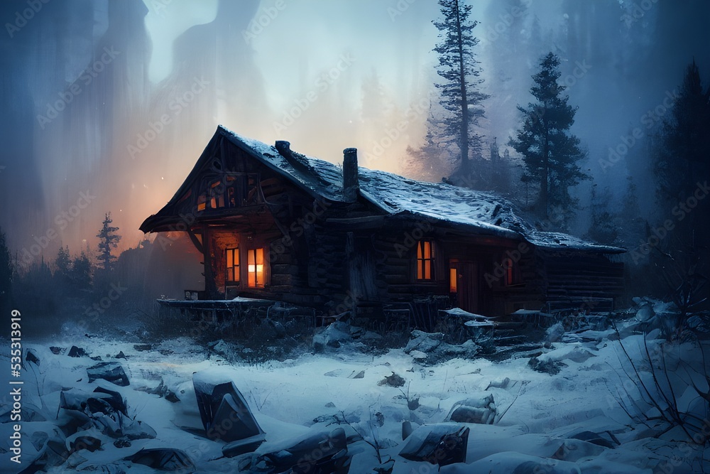 Obraz premium A warm cabin alone in the winter woods. 
