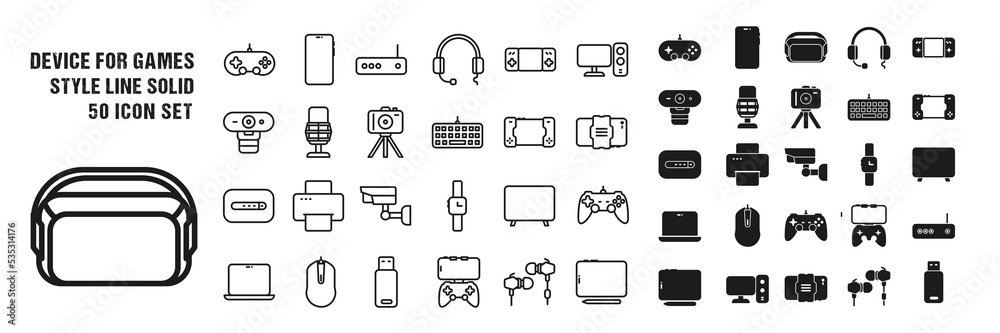 Gaming device icons. 50 icon collection with line and solid style Gaming device icons. 50 icon collection with line and solid style