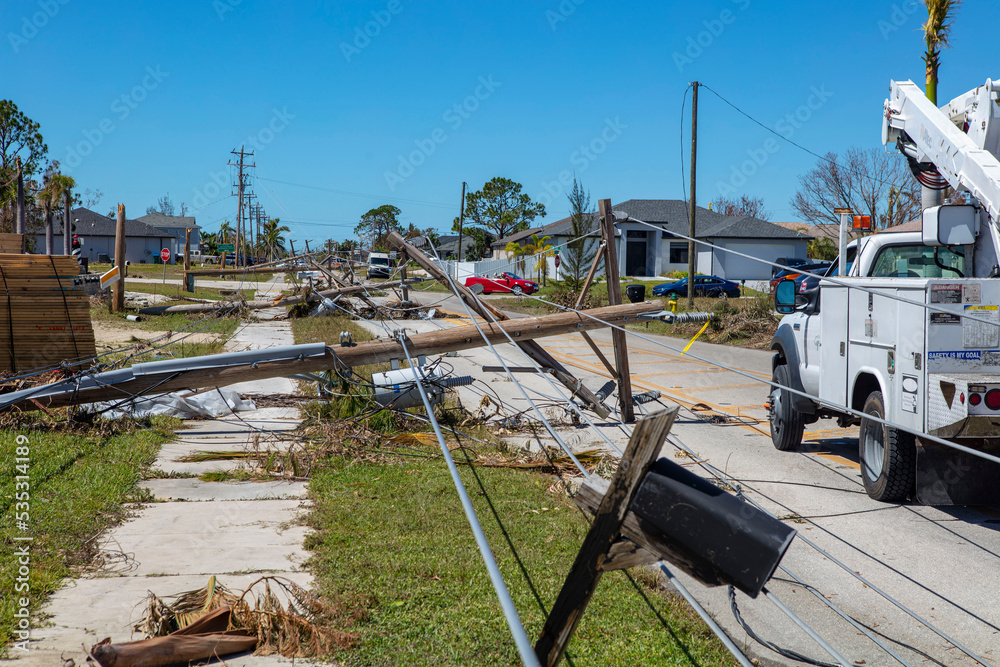 Power Lines and Infrastructure Damage After Hurricane Ian in Cape Coral, Florida Stock Photo