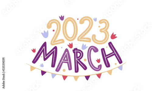 March 2023 logo with hand drawn tulips and garland. Months emblem for the design of calendars, seasons postcards, diaries. Doodle Vector illustration isolated on white background.