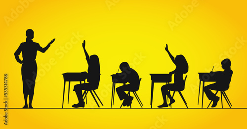 Silhouette of classroom with Teacher and students vector illustration