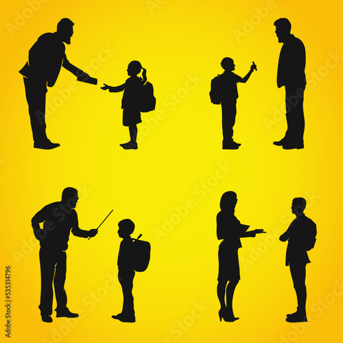 Student teacher silhouette set. punishing student, giving book, showing mobile, discussing with teacher