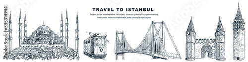 Travel to Istanbul hand drawn landmarks. Vector sketch illustration of Blue Mosque, Galata Tower, tram, Topkapi Palace photo