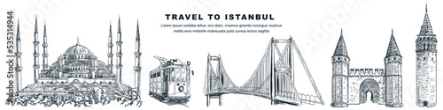 Travel to Istanbul hand drawn landmarks. Vector sketch illustration of Blue Mosque, Galata Tower, tram, Topkapi Palace