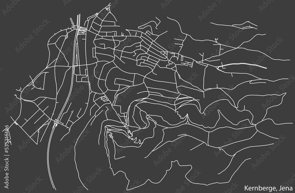 Obraz premium Detailed negative navigation white lines urban street roads map of the KERNBERGE QUARTER of the German regional capital city of Jena, Germany on dark gray background