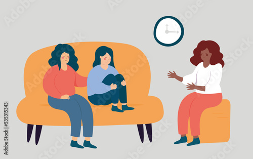 Worried mother and daughter visit a therapist doctor. Patient woman with girl talking to a counselor. Psychological consultation for teenagers or Psychotherapy session. Mental health disorder concept.
