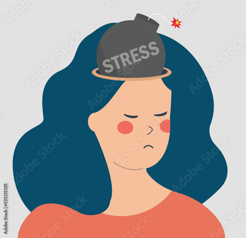 Human mood scale. Woman carrying accumulate stress and emotional overload about to get hysteria or burnout. Illustration of burning fuse of daily pressure. Mental health disorder or illness concept.
