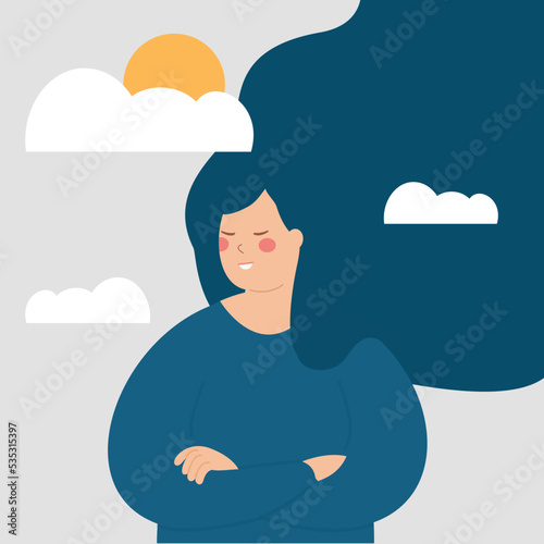 Woman with positive thoughts and happy sunny mood illustration. Happy peaceful Teenage girl smiling. Mental health wellbeing and good vibes. Concept of emotions, optimistic point of view. Vector stock