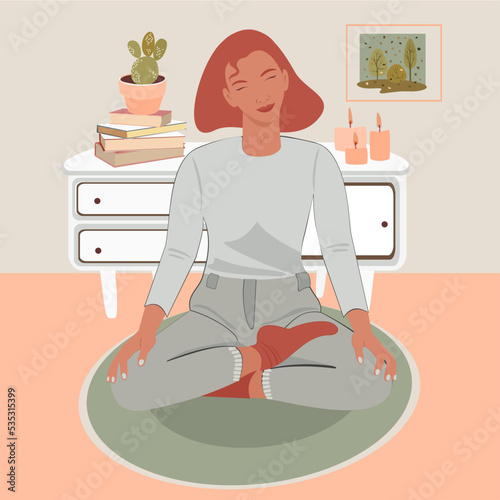 Young woman sitting in lotus pose and practice deep breathing or Yoga. Breath Awareness Exercise. Vector Flat Illustration.