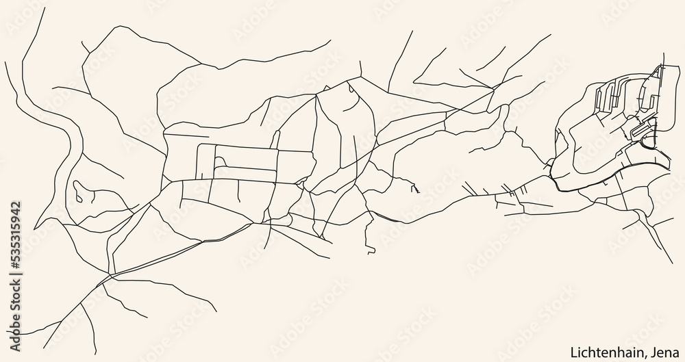 Detailed navigation black lines urban street roads map of the LICHTENHAIN QUARTER of the German regional capital city of Jena, Germany on vintage beige background