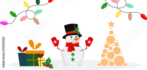 A snowman next to the Christmas tree and gifts.