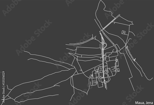 Detailed negative navigation white lines urban street roads map of the MAUA QUARTER of the German regional capital city of Jena, Germany on dark gray background photo