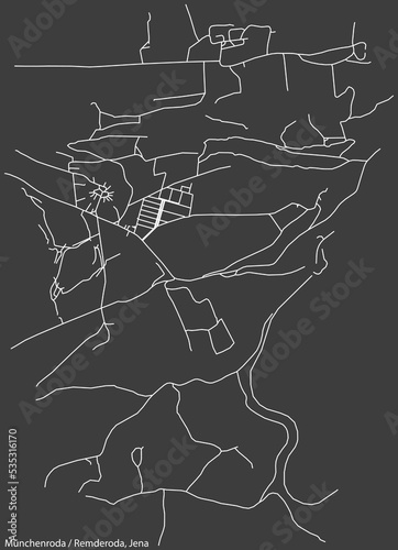 Detailed negative navigation white lines urban street roads map of the MÜNCHENRODA-REMDERODA QUARTER of the German regional capital city of Jena, Germany on dark gray background