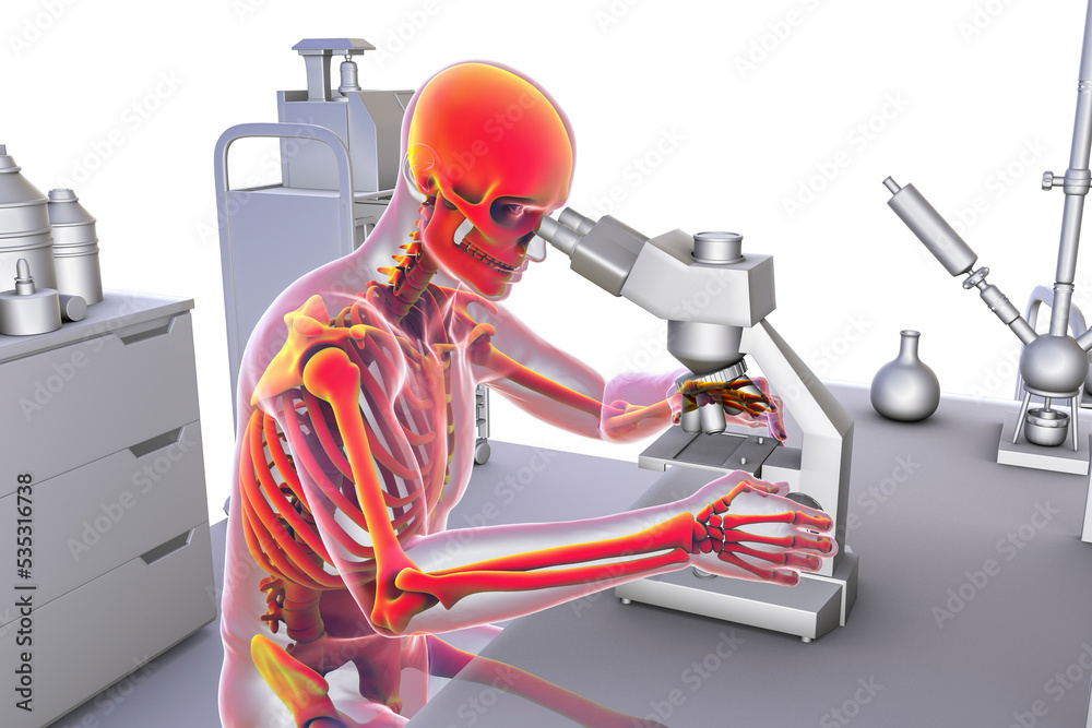 Naklejka premium Back and neck pain in a laboratory worker, conceptual 3D illustration