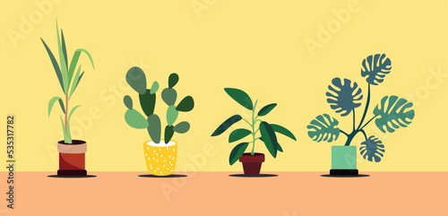 Houseplants in a flower pot. Houseplants isolated. Logo, label. Modern and huge style, urban jungle decor. Green, pink, brown, beige colors. Print, poster, banner.