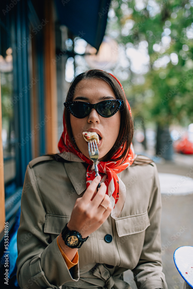 fashionable beautiful girl has breakfast in a cafe. Eats cheesecake fashionable beautiful girl has breakfast in a cafe. Eats cheesecake