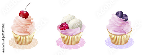 Realistic vector cupcakes set. Cupcake with cherry, raspberry, blueberry. Cute desserts in pastel colors. Illustration is suitable for packaging, recipes, stickers, booklets, menu design. photo