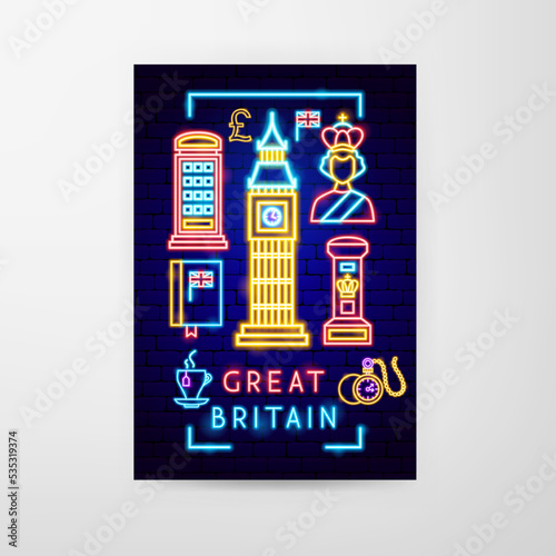 Great Britain Neon Flyer. Vector Illustration of National Promotion.