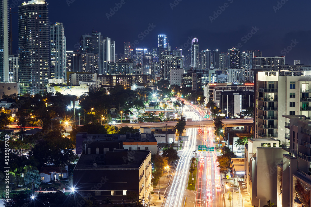 Downtown Miami at night from Biscayne Boulevard.