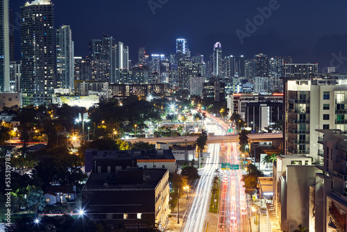 Downtown Miami at night from Biscayne Boulevard. © Leslie