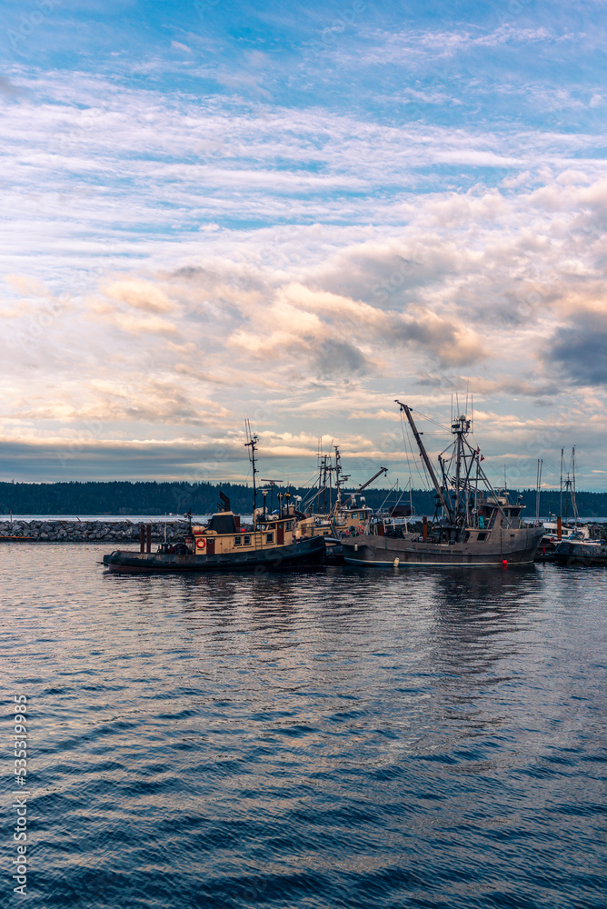 The harbor of Campbell River on Vancouver Island at sunset in summer