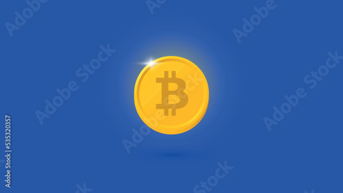 Shiny and floating Bitcoin coin. BTC cryptocurrency isolated on a blue background.