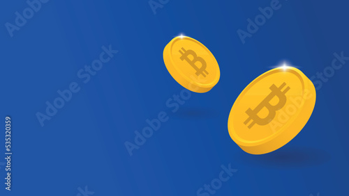 Shiny and floating Bitcoin coins. BTC cryptocurrency on a blue background.