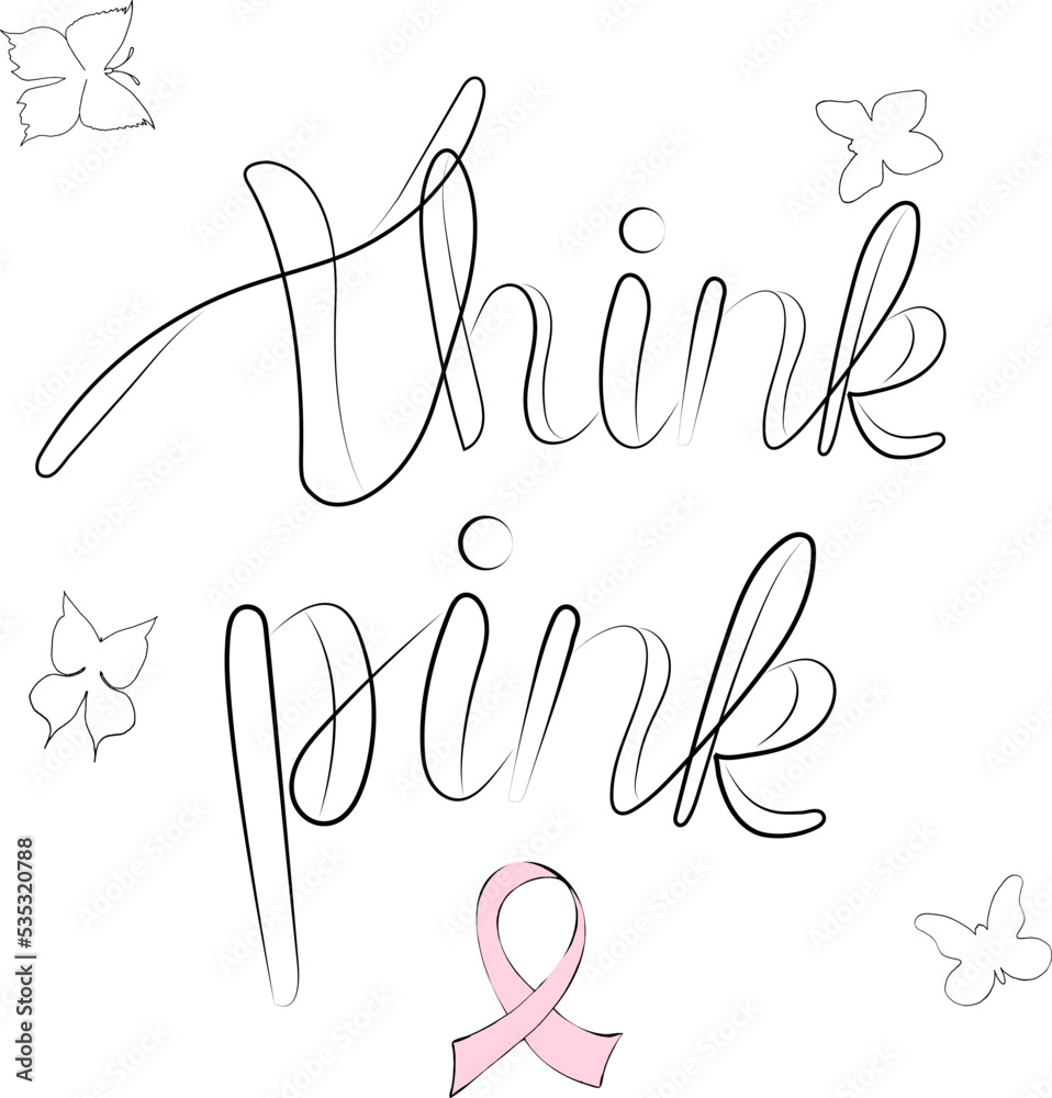 vector lettering think pink with ribbon, fight against breast cancer, contour, print for textile design, paper vector lettering think pink with ribbon, fight against breast cancer, contour, print for textile design, paper