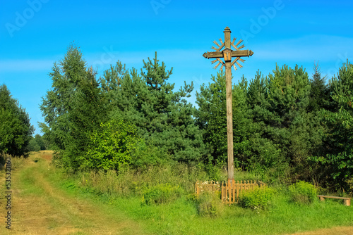 Cross at the crossroads of Kamorunai village. Varena district, Lithuania.