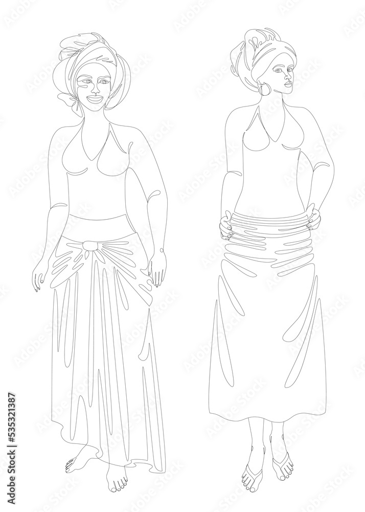 Collection. Silhouette of a beautiful girl. Lady in a turban and national clothes. Woman in modern one line style. Solid line, decor outline, posters, stickers, logo. Vector illustration set. Collection. Silhouette of a beautiful girl. Lady in a turban and national clothes. Woman in modern one line style. Solid line, decor outline, posters, stickers, logo. Vector illustration set.
