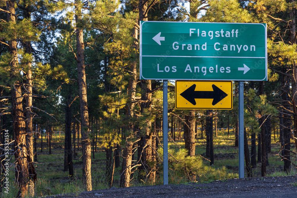 Road sign near Flagstaff indicating the way to the Grand Canyon