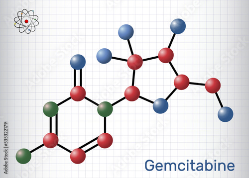 Gemcitabine molecule. It is antineoplastic agent used in the therapy of  pancreatic, lung, breast, ovarian, bladder cancer. Structural chemical formula, molecule model. Sheet of paper in a cage