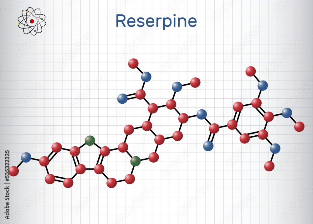 Reserpine alkaloid molecule. It is antihypertensive drug, used for the ...