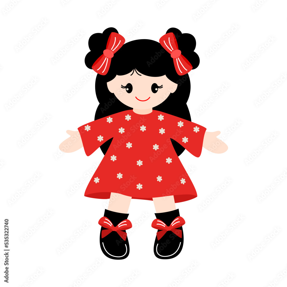 Kids toy doll. Cute doll in a red dress is standing. Vector illustration isolated on white background. Kids toy doll. Cute doll in a red dress is standing. Vector illustration isolated on white background.