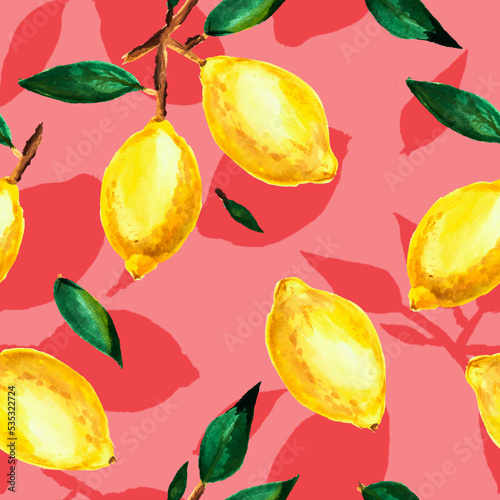 Background with the image of lemons. Original background with lemon on branches, seamless lines.