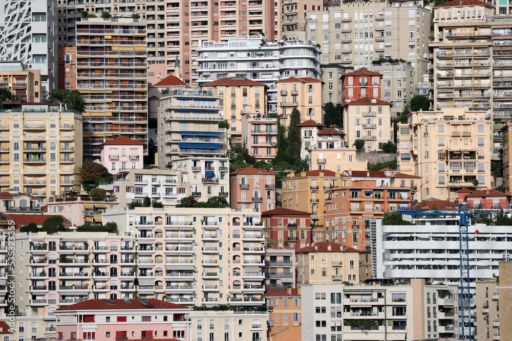 Obraz premium Monaco, Monaco - 02.10.2022: Close-up on the facades of the Principality of Monaco, taken from Port Hercule