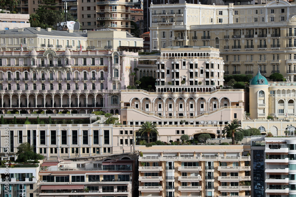 Monaco, Monaco - 02.10.2022: Close-up on the facades of the Principality of Monaco, taken from Port Hercule