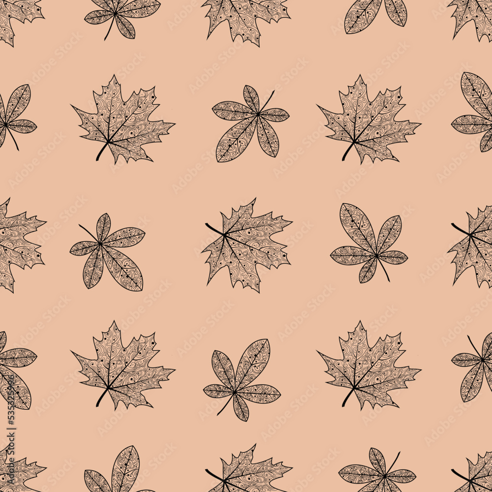 Seamless pattern with oak and maple leaves . Leaves with a beautiful ornament. Vector isolated background. Texture for textiles or wrapping paper, wallpaper, autumn pattern.
