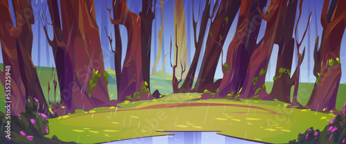 Rain in summer forest, wild nature landscape. Cartoon wood background, field with puddle, blooming bushes and green grass under tree trunks and water shower falling from sky, Vector illustration