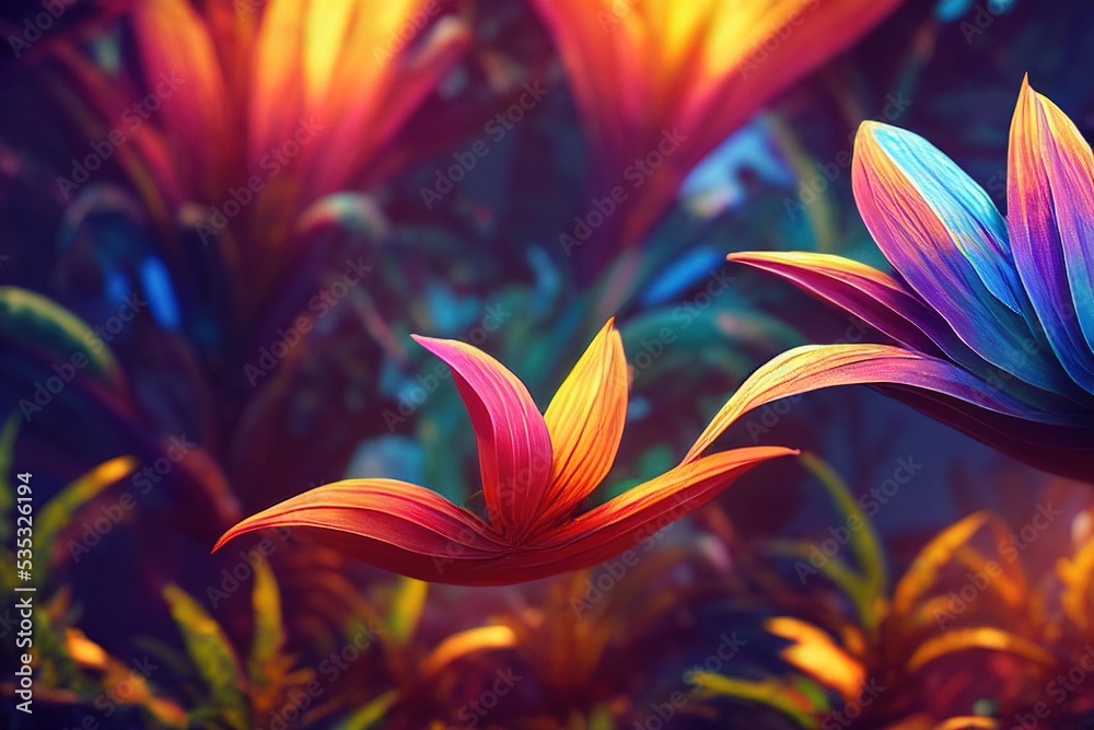 Exotic plants and flowers fantasy illustration. 3D rendered floral composition