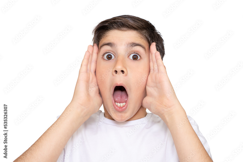 Little boy asian kid wearing casual white tshirt scared and amazed with open mouth for surprise, disbelief face Little boy asian kid wearing casual white tshirt scared and amazed with open mouth for surprise, disbelief face