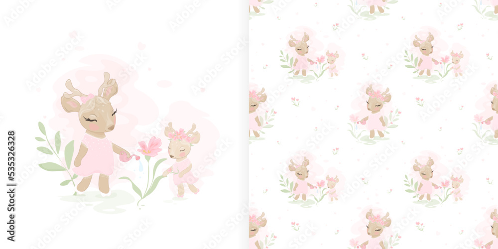 Cute carton vector clip art illustration. Seamless pattern for kids. Deer girl watering flowers Cute carton vector clip art illustration. Seamless pattern for kids. Deer girl watering flowers