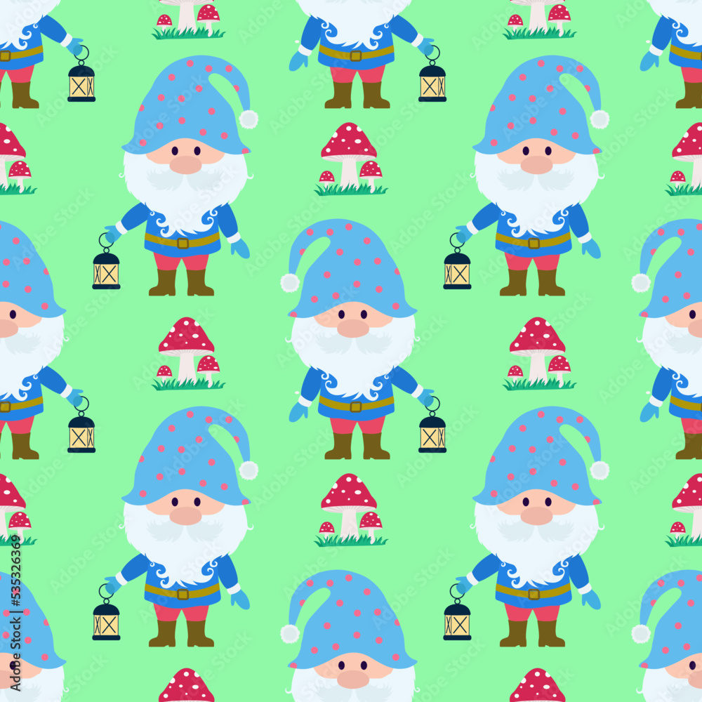 Vector seamless pattern with the image of a gnome, a lantern and stars. Seamless vector printing on children's fabrics, wallpaper, textiles, packaging, design.