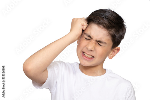 9-year-old boy strike his head in an oh-no moment, disappointed, isolated on white background